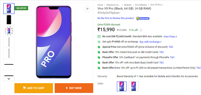 Vivo V9 Pro 4GB/64GB Variant Flipkart