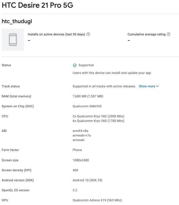 HTC Desire 21 Pro 5G Google Play Console