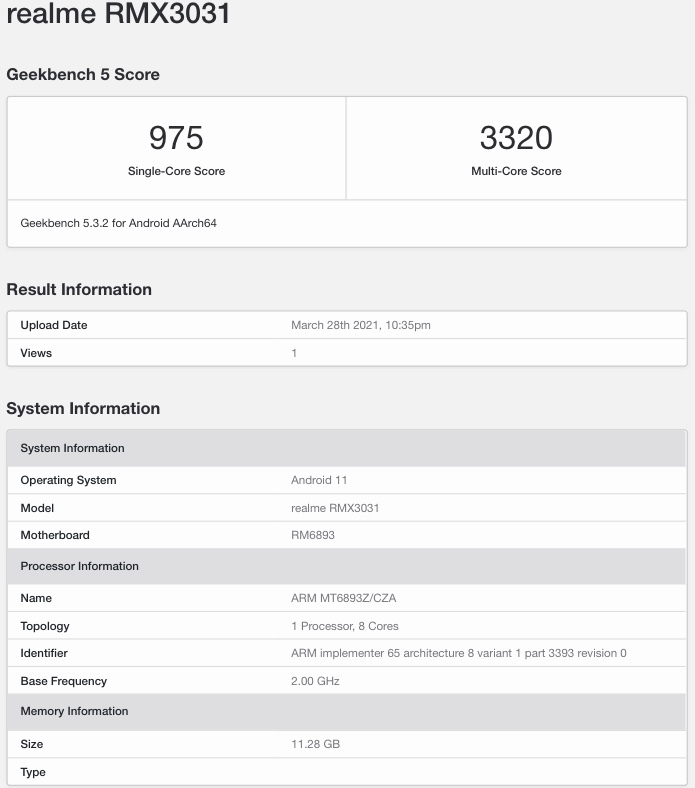 Realme RMX3031 Geekbench